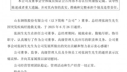 山东钢铁总经理张润生突发疾病去世，年仅56岁！