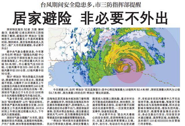【深圳特区报】台风期间安全隐患多，市三防指挥部提醒 居家避险 非必要不外出