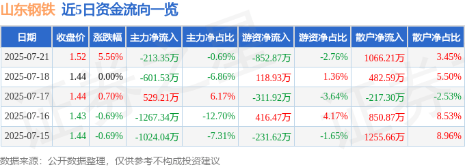山东钢铁(600022)7月21日主力资金净卖出213.35万元